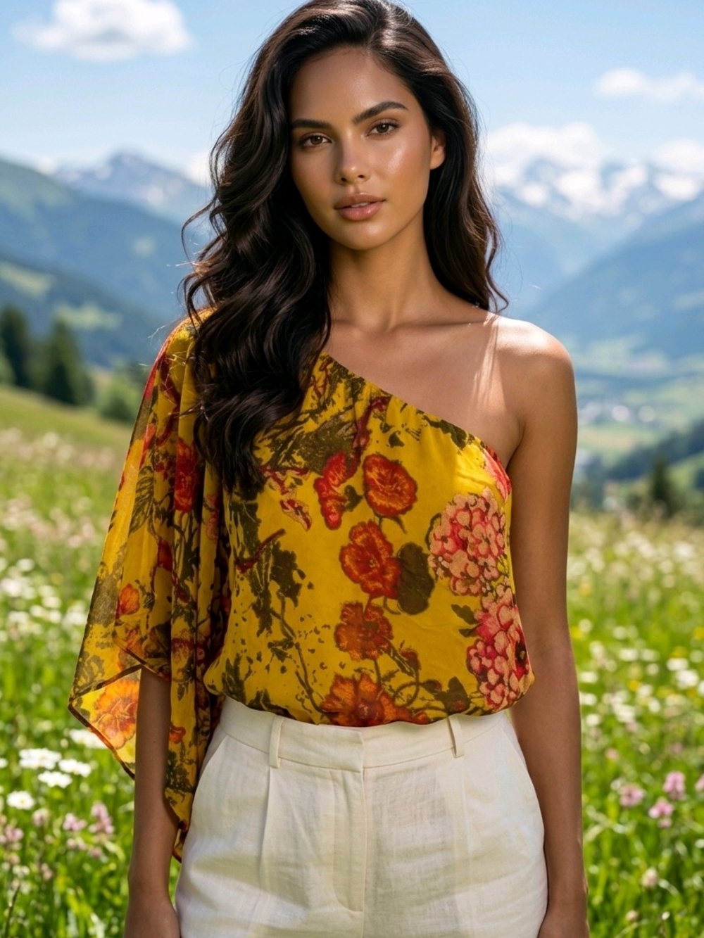 Mimi Chica One-Shoulder Floral Camisole in Mustard Yellow